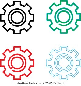 Minimalist gear icons, geometric shapes, cog wheels, simple line drawings, color variety, black green blue pink, tech symbols, industrial design elements, clean vector graphics, isolated on white back