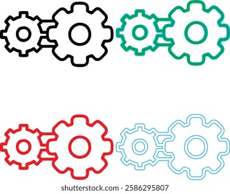 Minimalist gear icons, geometric shapes, cog wheels, simple line drawings, color variety, black green blue pink, tech symbols, industrial design elements, clean vector graphics, isolated on white back