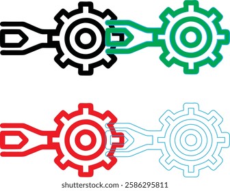 Minimalist gear icons, geometric shapes, cog wheels, simple line drawings, color variety, black green blue pink, tech symbols, industrial design elements, clean vector graphics, isolated on white back