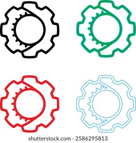 Minimalist gear icons, geometric shapes, cog wheels, simple line drawings, color variety, black green blue pink, tech symbols, industrial design elements, clean vector graphics, isolated on white back