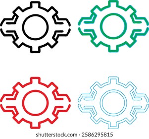 Minimalist gear icons, geometric shapes, cog wheels, simple line drawings, color variety, black green blue pink, tech symbols, industrial design elements, clean vector graphics, isolated on white back