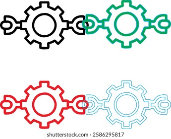 Minimalist gear icons, geometric shapes, cog wheels, simple line drawings, color variety, black green blue pink, tech symbols, industrial design elements, clean vector graphics, isolated on white back