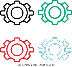 Minimalist gear icons, geometric shapes, cog wheels, simple line drawings, color variety, black green blue pink, tech symbols, industrial design elements, clean vector graphics, isolated on white back