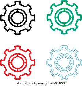 Minimalist gear icons, geometric shapes, cog wheels, simple line drawings, color variety, black green blue pink, tech symbols, industrial design elements, clean vector graphics, isolated on white back