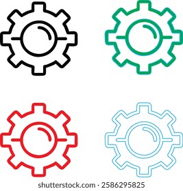 Minimalist gear icons, geometric shapes, cog wheels, simple line drawings, color variety, black green blue pink, tech symbols, industrial design elements, clean vector graphics, isolated on white back