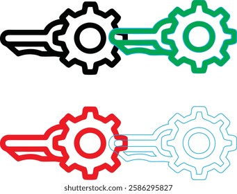 Minimalist gear icons, geometric shapes, cog wheels, simple line drawings, color variety, black green blue pink, tech symbols, industrial design elements, clean vector graphics, isolated on white back