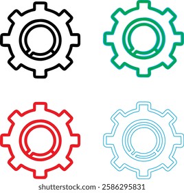 Minimalist gear icons, geometric shapes, cog wheels, simple line drawings, color variety, black green blue pink, tech symbols, industrial design elements, clean vector graphics, isolated on white back