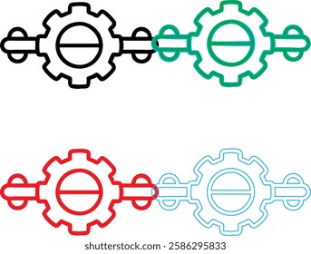 Minimalist gear icons, geometric shapes, cog wheels, simple line drawings, color variety, black green blue pink, tech symbols, industrial design elements, clean vector graphics, isolated on white back