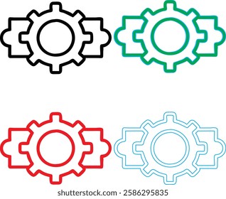 Minimalist gear icons, geometric shapes, cog wheels, simple line drawings, color variety, black green blue pink, tech symbols, industrial design elements, clean vector graphics, isolated on white back