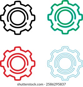 Minimalist gear icons, geometric shapes, cog wheels, simple line drawings, color variety, black green blue pink, tech symbols, industrial design elements, clean vector graphics, isolated on white back