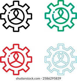 Minimalist gear icons, geometric shapes, cog wheels, simple line drawings, color variety, black green blue pink, tech symbols, industrial design elements, clean vector graphics, isolated on white back