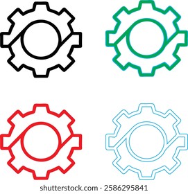 Minimalist gear icons, geometric shapes, cog wheels, simple line drawings, color variety, black green blue pink, tech symbols, industrial design elements, clean vector graphics, isolated on white back