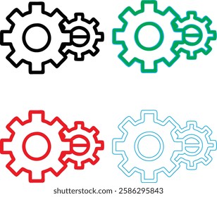 Minimalist gear icons, geometric shapes, cog wheels, simple line drawings, color variety, black green blue pink, tech symbols, industrial design elements, clean vector graphics, isolated on white back