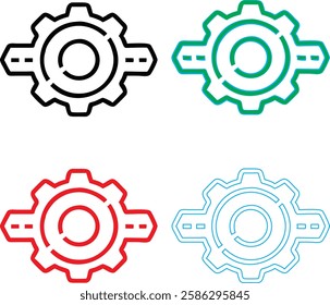 Minimalist gear icons, geometric shapes, cog wheels, simple line drawings, color variety, black green blue pink, tech symbols, industrial design elements, clean vector graphics, isolated on white back