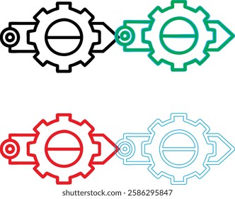 Minimalist gear icons, geometric shapes, cog wheels, simple line drawings, color variety, black green blue pink, tech symbols, industrial design elements, clean vector graphics, isolated on white back