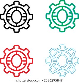 Minimalist gear icons, geometric shapes, cog wheels, simple line drawings, color variety, black green blue pink, tech symbols, industrial design elements, clean vector graphics, isolated on white back