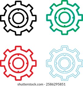 Minimalist gear icons, geometric shapes, cog wheels, simple line drawings, color variety, black green blue pink, tech symbols, industrial design elements, clean vector graphics, isolated on white back