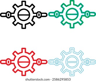 Minimalist gear icons, geometric shapes, cog wheels, simple line drawings, color variety, black green blue pink, tech symbols, industrial design elements, clean vector graphics, isolated on white back