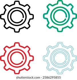 Minimalist gear icons, geometric shapes, cog wheels, simple line drawings, color variety, black green blue pink, tech symbols, industrial design elements, clean vector graphics, isolated on white back