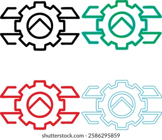 Minimalist gear icons, geometric shapes, cog wheels, simple line drawings, color variety, black green blue pink, tech symbols, industrial design elements, clean vector graphics, isolated on white back