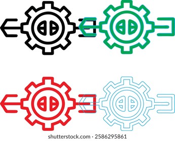 Minimalist gear icons, geometric shapes, cog wheels, simple line drawings, color variety, black green blue pink, tech symbols, industrial design elements, clean vector graphics, isolated on white back