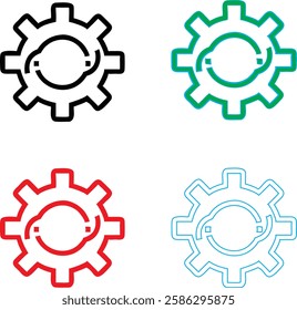 Minimalist gear icons, geometric shapes, cog wheels, simple line drawings, color variety, black green blue pink, tech symbols, industrial design elements, clean vector graphics, isolated on white back