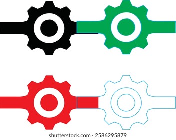 Minimalist gear icons, geometric shapes, cog wheels, simple line drawings, color variety, black green blue pink, tech symbols, industrial design elements, clean vector graphics, isolated on white back