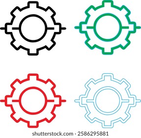 Minimalist gear icons, geometric shapes, cog wheels, simple line drawings, color variety, black green blue pink, tech symbols, industrial design elements, clean vector graphics, isolated on white back