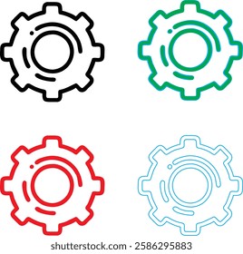 Minimalist gear icons, geometric shapes, cog wheels, simple line drawings, color variety, black green blue pink, tech symbols, industrial design elements, clean vector graphics, isolated on white back