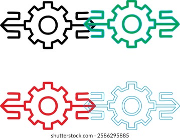 Minimalist gear icons, geometric shapes, cog wheels, simple line drawings, color variety, black green blue pink, tech symbols, industrial design elements, clean vector graphics, isolated on white back