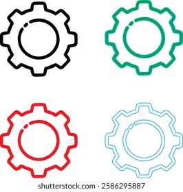 Minimalist gear icons, geometric shapes, cog wheels, simple line drawings, color variety, black green blue pink, tech symbols, industrial design elements, clean vector graphics, isolated on white back