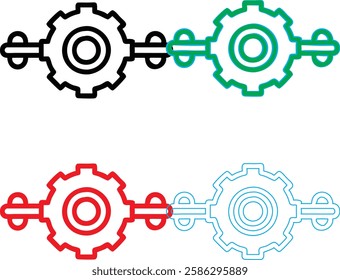 Minimalist gear icons, geometric shapes, cog wheels, simple line drawings, color variety, black green blue pink, tech symbols, industrial design elements, clean vector graphics, isolated on white back