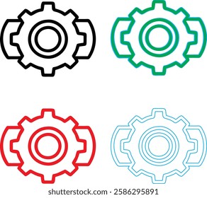 Minimalist gear icons, geometric shapes, cog wheels, simple line drawings, color variety, black green blue pink, tech symbols, industrial design elements, clean vector graphics, isolated on white back