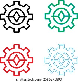 Minimalist gear icons, geometric shapes, cog wheels, simple line drawings, color variety, black green blue pink, tech symbols, industrial design elements, clean vector graphics, isolated on white back