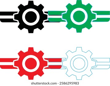 Minimalist gear icons, geometric shapes, cog wheels, simple line drawings, color variety, black green blue pink, tech symbols, industrial design elements, clean vector graphics, isolated on white back