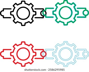 Minimalist gear icons, geometric shapes, cog wheels, simple line drawings, color variety, black green blue pink, tech symbols, industrial design elements, clean vector graphics, isolated on white back