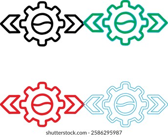 Minimalist gear icons, geometric shapes, cog wheels, simple line drawings, color variety, black green blue pink, tech symbols, industrial design elements, clean vector graphics, isolated on white back