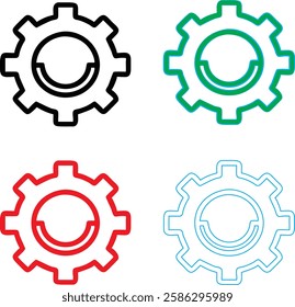 Minimalist gear icons, geometric shapes, cog wheels, simple line drawings, color variety, black green blue pink, tech symbols, industrial design elements, clean vector graphics, isolated on white back