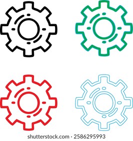 Minimalist gear icons, geometric shapes, cog wheels, simple line drawings, color variety, black green blue pink, tech symbols, industrial design elements, clean vector graphics, isolated on white back