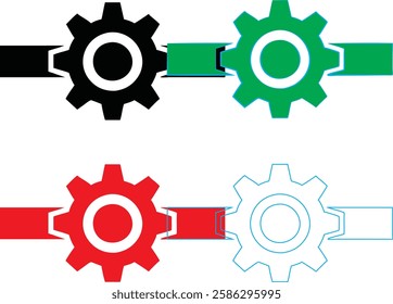 Minimalist gear icons, geometric shapes, cog wheels, simple line drawings, color variety, black green blue pink, tech symbols, industrial design elements, clean vector graphics, isolated on white back