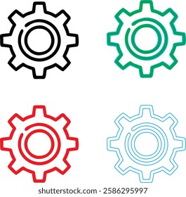 Minimalist gear icons, geometric shapes, cog wheels, simple line drawings, color variety, black green blue pink, tech symbols, industrial design elements, clean vector graphics, isolated on white back