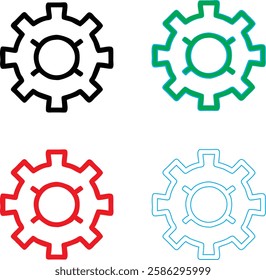 Minimalist gear icons, geometric shapes, cog wheels, simple line drawings, color variety, black green blue pink, tech symbols, industrial design elements, clean vector graphics, isolated on white back