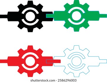 Minimalist gear icons, geometric shapes, cog wheels, simple line drawings, color variety, black green blue pink, tech symbols, industrial design elements, clean vector graphics, isolated on white back