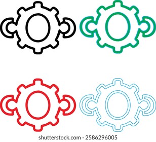 Minimalist gear icons, geometric shapes, cog wheels, simple line drawings, color variety, black green blue pink, tech symbols, industrial design elements, clean vector graphics, isolated on white back