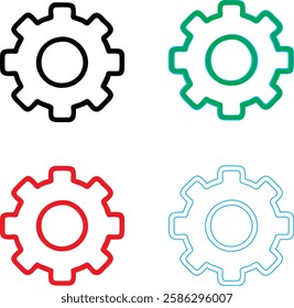 Minimalist gear icons, geometric shapes, cog wheels, simple line drawings, color variety, black green blue pink, tech symbols, industrial design elements, clean vector graphics, isolated on white back