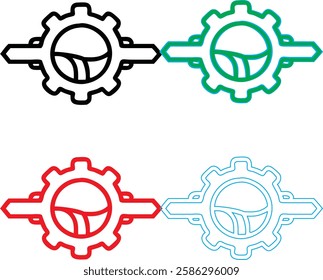 Minimalist gear icons, geometric shapes, cog wheels, simple line drawings, color variety, black green blue pink, tech symbols, industrial design elements, clean vector graphics, isolated on white back