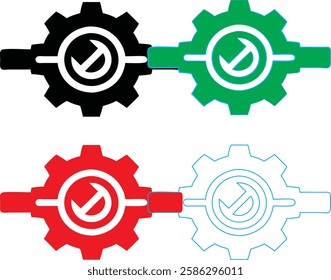 Minimalist gear icons, geometric shapes, cog wheels, simple line drawings, color variety, black green blue pink, tech symbols, industrial design elements, clean vector graphics, isolated on white back