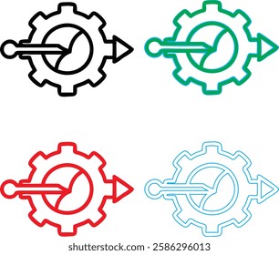 Minimalist gear icons, geometric shapes, cog wheels, simple line drawings, color variety, black green blue pink, tech symbols, industrial design elements, clean vector graphics, isolated on white back