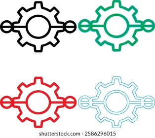 Minimalist gear icons, geometric shapes, cog wheels, simple line drawings, color variety, black green blue pink, tech symbols, industrial design elements, clean vector graphics, isolated on white back