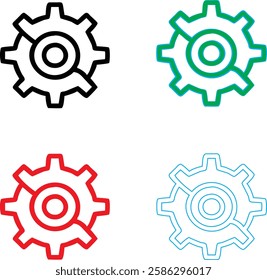 Minimalist gear icons, geometric shapes, cog wheels, simple line drawings, color variety, black green blue pink, tech symbols, industrial design elements, clean vector graphics, isolated on white back